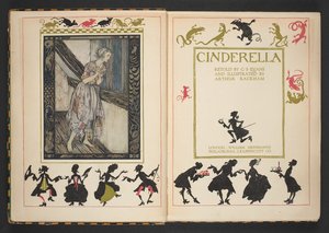 Titelseite und Frontispiz aus Aschenputtel, nacherzählt von C.S. Evans und illustriert von Arthur Rackham
