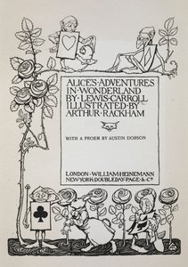 Titelseite mit einem Rosenbusch, dem Weißen Kaninchen und Männern, die als Karten verkleidet sind von Arthur Rackham