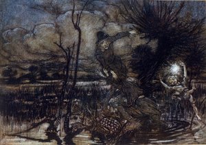 Zwei Figuren drohen im Sumpf zu ertrinken, Puck hilft ihnen mit einem Feuer. Illustration von Arthur Rackham für Ein Sommernachtstraum von William Shakespeare