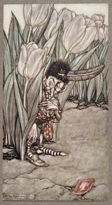 Als er Peters Stimme hörte, versteckte er sich erschrocken hinter einer Tulpe, aus Peter Pan in Kensington Gardens von J M Barrie, veröffentlicht 1906