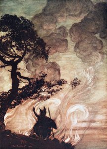 Wotan dreht sich um und blickt traurig auf Brünnhilde zurück. Illustration für Das Rheingold und Die Walküre