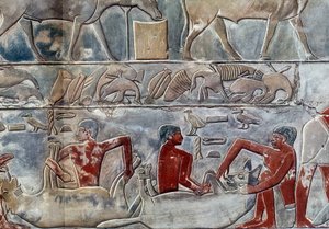 Kunst Ägypten: Fütterung einer Hyäne. College ähnlich der Mastaba von Mereruka.