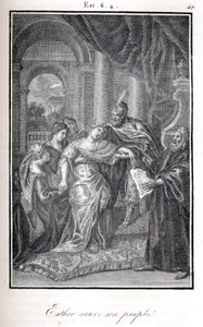 Bibel, Esther rettet ihr Volk, indem sie Ahaseuerus erzählt, dass Haman plante, sie zu töten (Gravur) von Artist Unknown