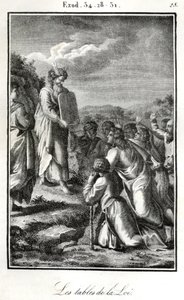 Bibel, Moses zeigt die zwei Tafeln mit den zehn Geboten (Gravur)