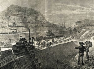Bau des Panamakanals. Baggerarbeiten im Dorf Culebra. Originalzeichnung von Meltor Prior. Bild veröffentlicht in „The Illustrated London News“. Gravur. von Artist Unknown