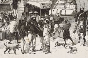 England (19. Jahrhundert). Kolonisation (1880). Das Leben der Goldgräber in Australien. Englische Kolonie Botany Bay (gegründet 1788), die anfangs hauptsächlich von Kriminellen bevölkert war, die zu Goldsuchern und Händlern wurden. Gravur. Private Sammlung von Artist Unknown