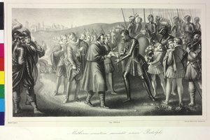 Franz von Dietrichstein übergibt König Matthias I einen Brief von Kaiser Rudolf II