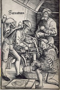 Gersdorff, Hans von (1455 - 1529). Deutscher Chirurg. Amputation eines Beins. Holzschnitt von Hans Wechtlin für das Buch „Feldtbuch der Wundarzney“ (Feldbuch der Chirurgie) von Artist Unknown