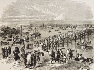 Japan (19. Jahrhundert). Stadt Edo, durchquert vom Toniak-Fluss. (Stich)