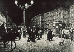 Madrid (1878). Die Puerta del Sol beleuchtet mit elektrischem Licht. Bild nach einer Zeichnung von Pellicer für „La Ilustracion Española y Americana“. Radierung.