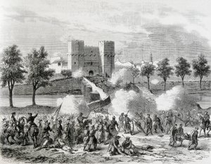 Spanien (1868). Glorreiche Revolution. Angriff der Regierungstruppen am Serrans-Tor in Valencia. Gravur aus „The Illustration. Jorinal Universal“. Radierung von Artist Unknown
