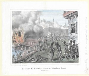 Der Brand der Nothbrücke nahe der Rothenthurmbastei im Oktober 1848