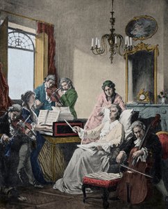Wolfgang Amadeus Mozart (1756-1791) stirbt, dirigiert eine Musikergruppe für das Requiem, das er gerade beendet hat von Artist Unknown