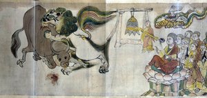Der Triumph von Sariputra über die Ketzer. Der weise Sariputra beweist die Überlegenheit des Buddhismus, indem er durch ein Wunder einen Löwen zeigt: das Rehkitz verschlingt einen Stier, den ein ketzerischer Magier heraufbeschworen hat