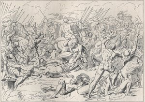 Peloponnesischer Krieg: Die Schlacht von Potidea, in der der griechische Philosoph Sokrates das Leben von Alkibiades rettete. (Gravur nach Carstens) in „Les ecoliers a travers les ages“ von L. Tarsot 1893.
