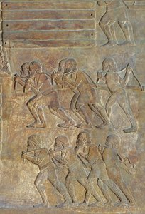 Detail eines Reliefs, das das Aufstapeln von Holz am Ufer vor dem Transport über das Meer darstellt, aus dem Palast von Sargon II., Khorsabad, Irak von Assyrian