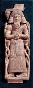 Orientalische Antiquität: bärtige Figur mit langen Haaren, geschnitzt in einer Elfenbeinplatte. 8.-7. Jahrhundert v. Chr. Arslan Tash aus Syrien. Paris, Louvre Museum