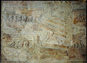 Relief, das Schiffe darstellt, die Holz transportieren, aus dem Palast von Sargon II, Khorsabad, Irak von Assyrian