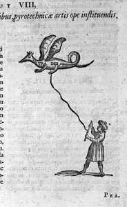 Der griechische Philosoph Archytas von Tarent (435-347 v. Chr.), Pythagoreischer Philosoph, Mathematiker, Astronom und seine flugfähige hölzerne Taube. Gravur aus „Mundus Subterraneus“ von Athanasius Kircher (1601-1680) 1682 von Athanasius Kircher