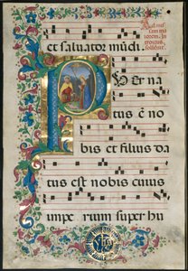 Blatt aus einem Graduale: Initiale P mit der Geburt Christi