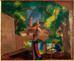Kinder am Brunnen mit Stadt im Hintergrund von August Macke
