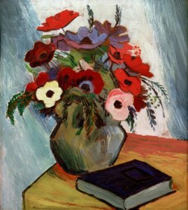 Stilleben mit Anemonen und blauem Buch