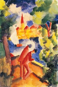 Zwei Männer lehnen sich über ein Geländer und blicken auf einen See, 1914 von August Macke