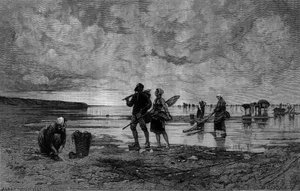 Große Flut im Ärmelkanal (19. Jahrhundert): Muschelfischer am Strand. Gravur nach dem Gemälde von Hagborg Auguste Wilhem Nikolaus in Le Monde Illustré Nr. 1219 vom 7. August von August Wilhelm Nikolaus Hagborg