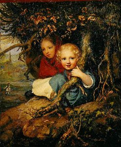 Zwei Kinder unter Baumwurzeln, ca. 1840