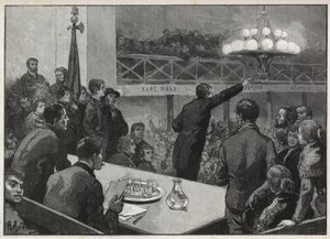 Versammlung für den Streik im Vooruit 1885 - Gravur in „Le monde illustré“ - Zeichnung von Gerardin