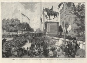 Paris - Rede von Herrn Darlot während der Einweihung am 15. Juli 1888 im Hôtel de Ville de Paris der Statue von Etienne Marcel - Zeichnung von Gerardin in „The Illustrous World“ von 1888.