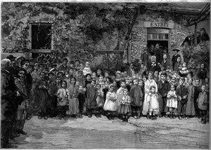 Victor Hugo (1802-1885) mit den armen Kindern von Veules-en-Caux, denen er am 24. September 1882 ein Bankett anbot. Gravur von Gerardin in "Le Monde Illustré" Nr. 1333 vom 14. Oktober 1882.