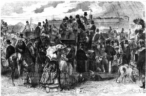 Die Longchamps-Rennen: Le Grand Prix de Paris, - in „Le Figaro“, illustriertes Supplement vom Sonntag, 6. Juni 1875, Zeichnung von Lancon. von Auguste Andre Lancon