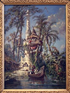 Observatorium am Ufer des Hoogly-Flusses (Bengalen, Indien). Gemälde von Auguste Borget (1808-1877), Öl auf Mahagoniholz