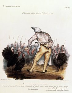 Louis Philippe mit einer Nachtmütze auf dem Kopf, umgeben von Truthähnen