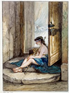 Illustration der Fabel „Der Mann, der dem Glück nachläuft, und der Mann, der auf ihn in seinem Bett wartet“ von Jean de La Fontaine. Aquarell von Auguste Delierre (1829-ca.1890) von Auguste Delierre