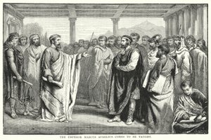 Der Kaiser Marcus Aurelius kommt, um unterrichtet zu werden (Gravur)