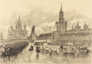 Die Krönung des Zaren. Der kaiserliche Zug durchquert den Königlichen Platz, 1883 von Auguste Lepere