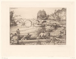 Blick auf die Pont Marie mit Figuren in der Seine