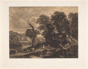 Landschaft mit Tieren und Figuren auf einem Weg entlang eines Flusses