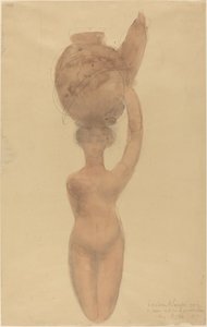 Nackte Frau mit Vase auf dem Kopf