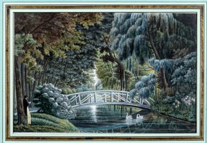 Ansicht der Holzbrücke über den Fluss links vom Schloss Malmaison