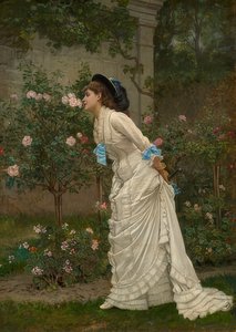 Dame an Rosen riechend