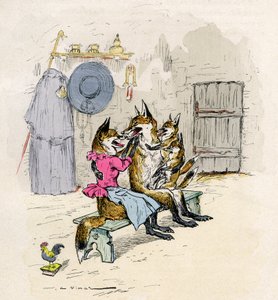 Illustration von A. Vimar für den Roman de Renart (Roman des Fuchses), Ausgabe Henri Laurens 19. Jahrhundert - Goupil und Hermeline der Fuchs, seine Frau, zu Hause, mit ihren Kindern, den kleinen Füchsen - von Auguste Vimar