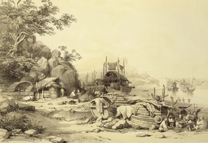 Hausboote in der Bucht von Cowloon, Platte 6 aus Skizzen von China, graviert von Eugene Ciceri, 1842
