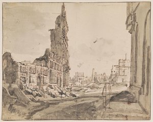 Blick auf die nordöstlichen und nordwestlichen Ecken des Grand Place nach dem Bombardement von 1695