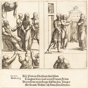 Christus vor Kaiphas und Petrus verleugnet Christus, 1548 von Augustin Hirschvogel