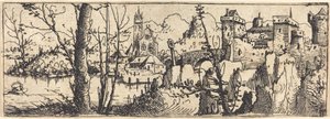 Landschaft mit Burg rechts, umgeben von Felsen