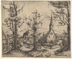 Landschaft mit vier Bäumen und einer Kirche rechts, 1545