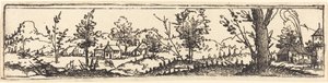 Landschaft mit sechs einzelnen Bäumen und drei kleinen Bauernhäusern von Augustin Hirschvogel